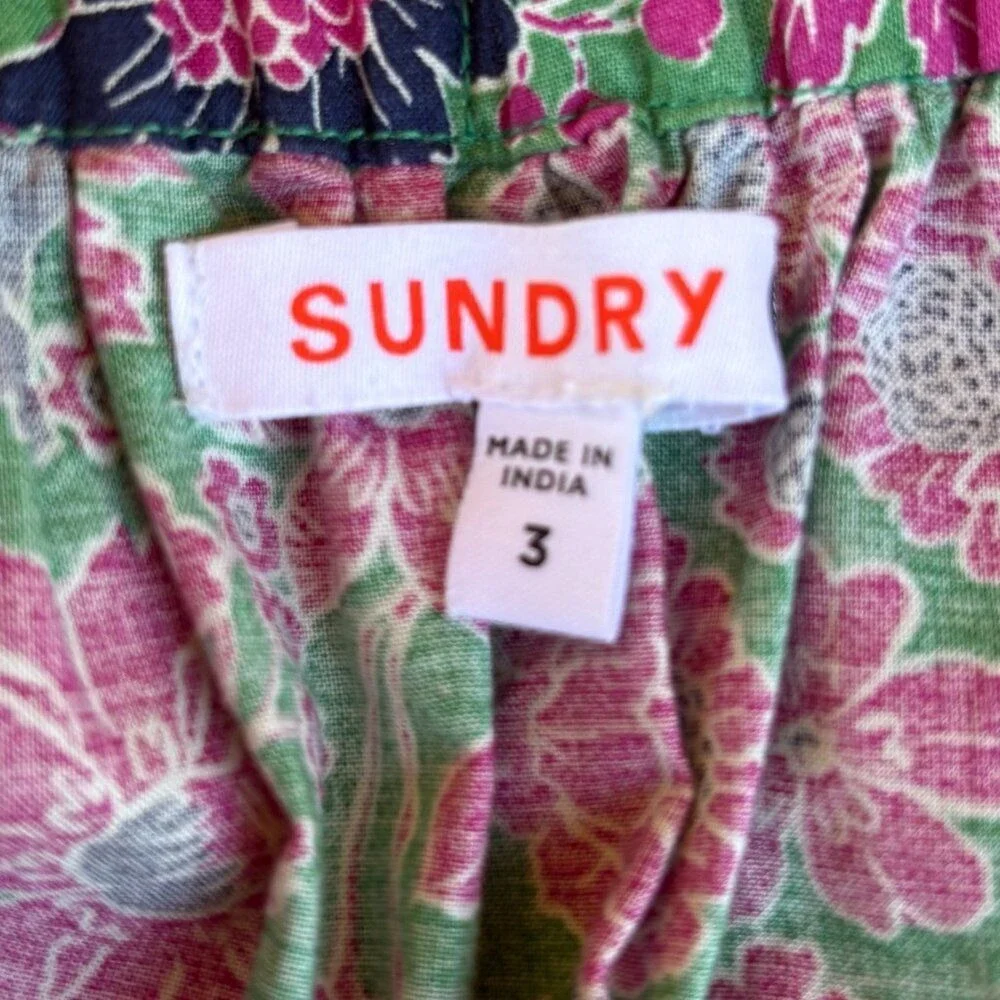 Sundry‎ Floral Cotton Midi Skirt Pink Green Navy Pull-On Boho Cottagecore L
